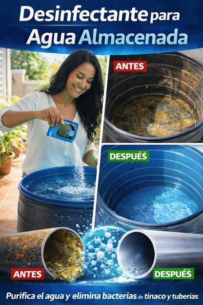 Uso de Z-30 para desinfectar agua almacenada mostrando tinaco y tuberías antes y después.