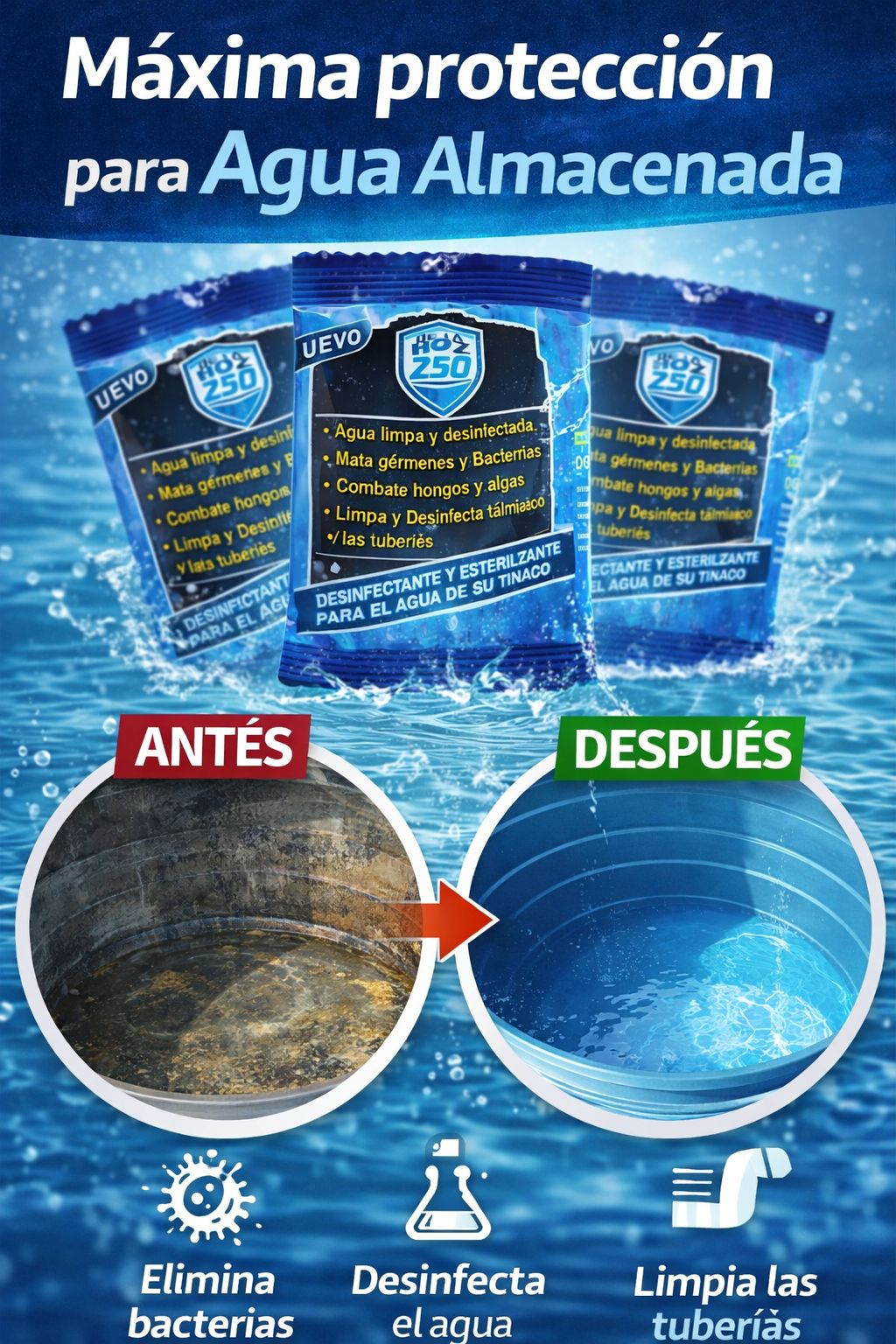 Sobres Z-30 mostrando comparación antes y después del tinaco con agua limpia y desinfectada.