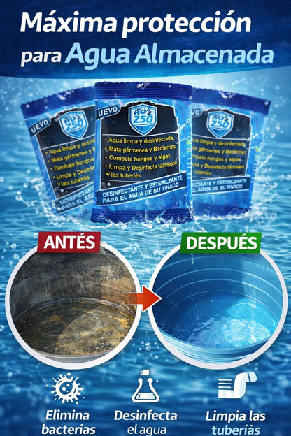 Sobres Z-30 mostrando comparación antes y después del tinaco con agua limpia y desinfectada.