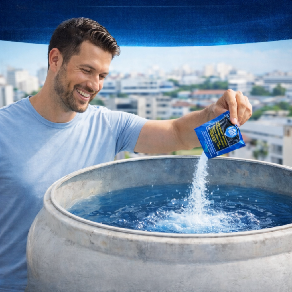 Man adding a blue packet of water treatment to a large metal container outdoors with a cityscape in the background. z-30 product