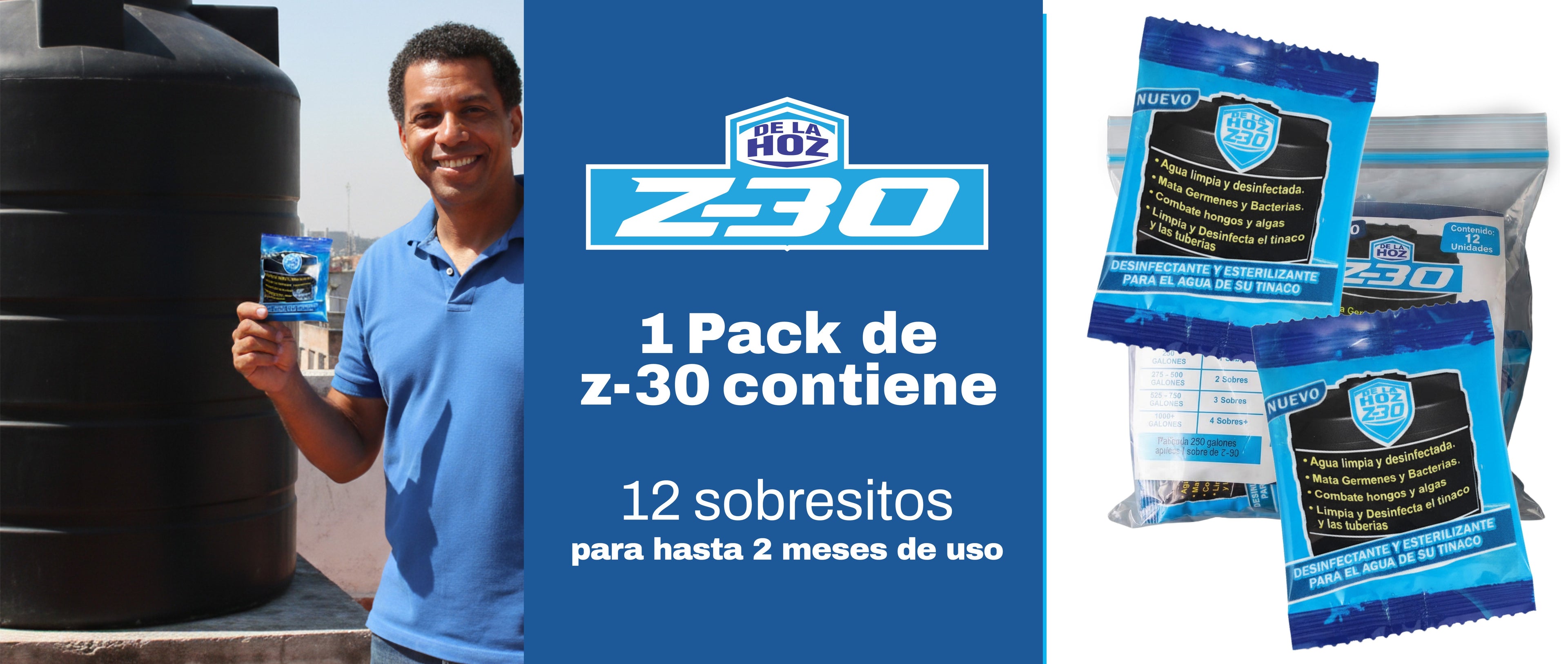 Pack Z-30 con 12 sobres desinfectantes para limpiar y desinfectar el agua del tinaco.