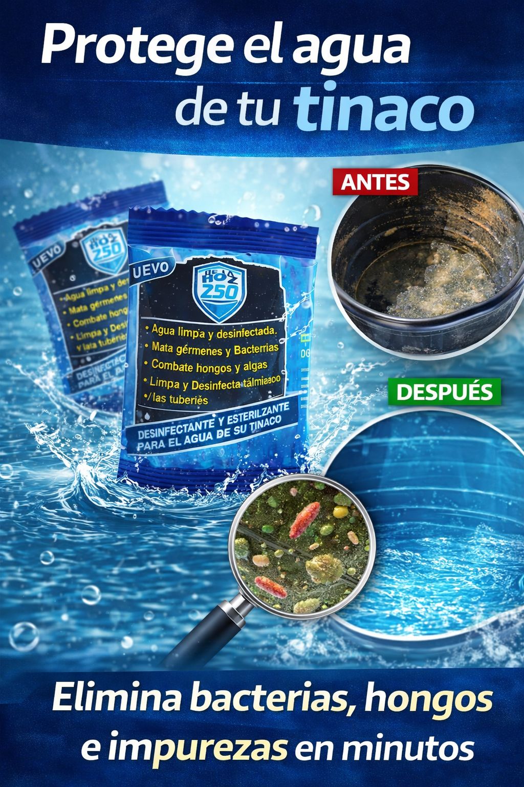 Z-30 desinfectante eliminando bacterias, hongos e impurezas del agua del tinaco.