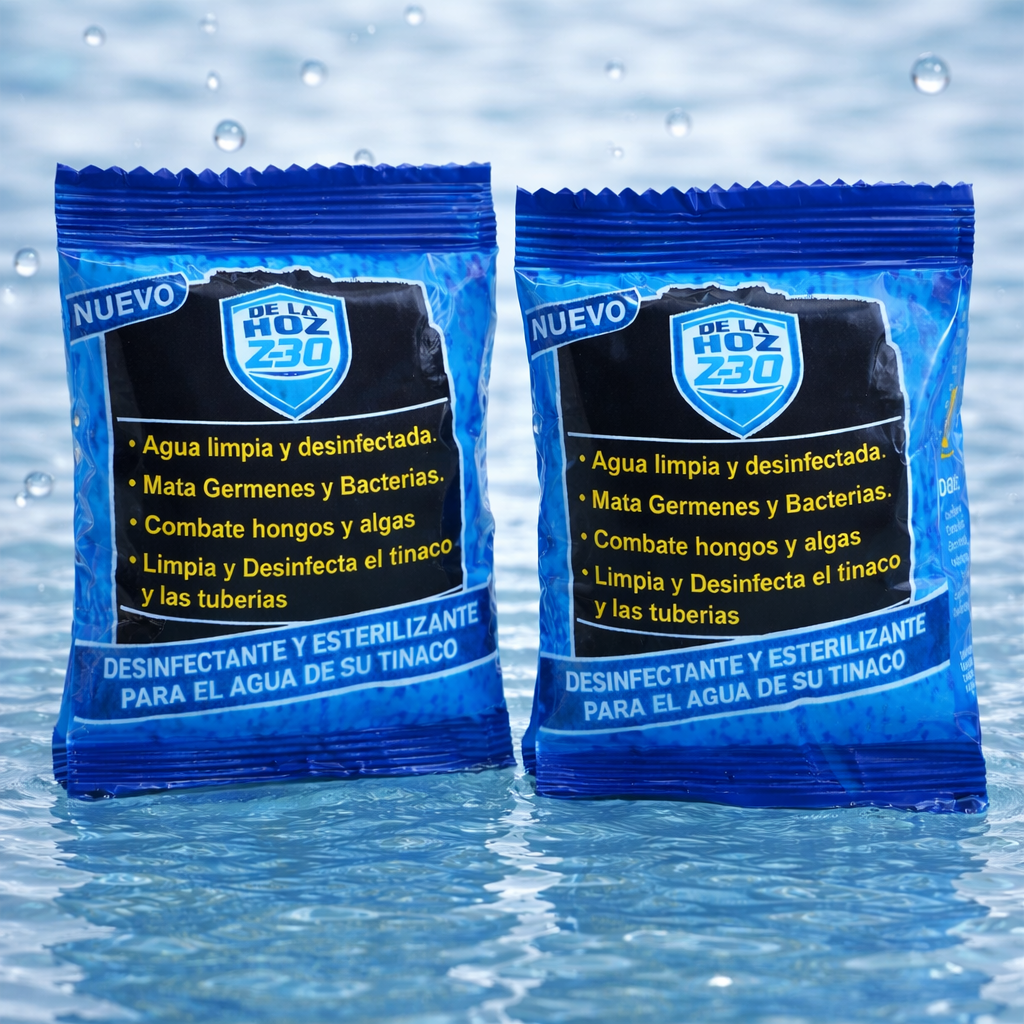 Two packages of De La Hoz 230 water purification tablets on a water background