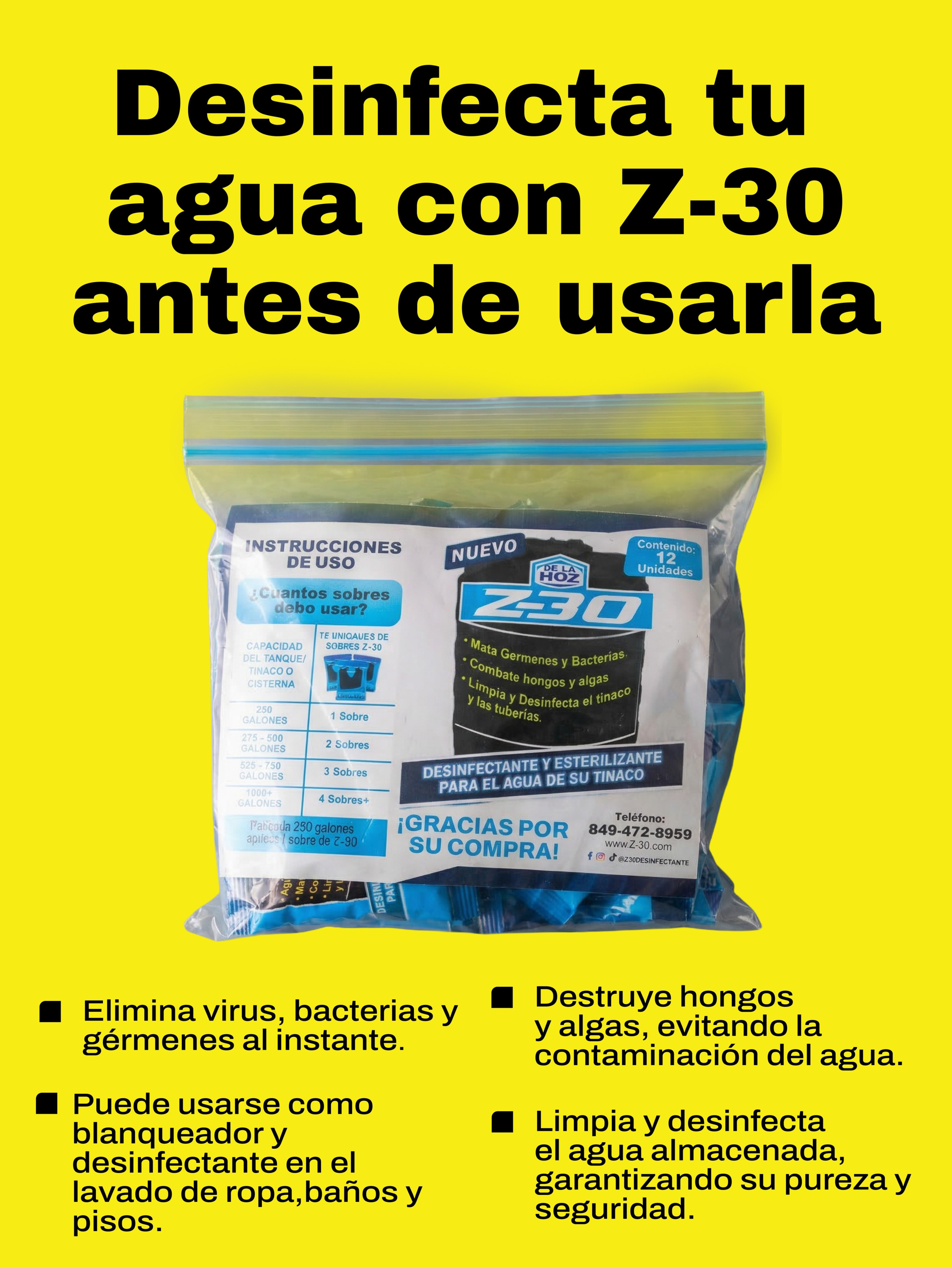 Desinfectante Z-30 para limpiar y desinfectar el agua del tinaco eliminando bacterias, hongos y algas.