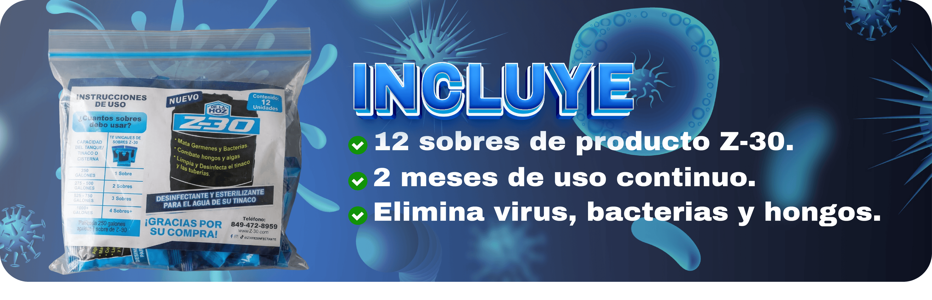 Kit Z-30 con 12 sobres para desinfectar el agua del tinaco eliminando virus, bacterias y hongos.